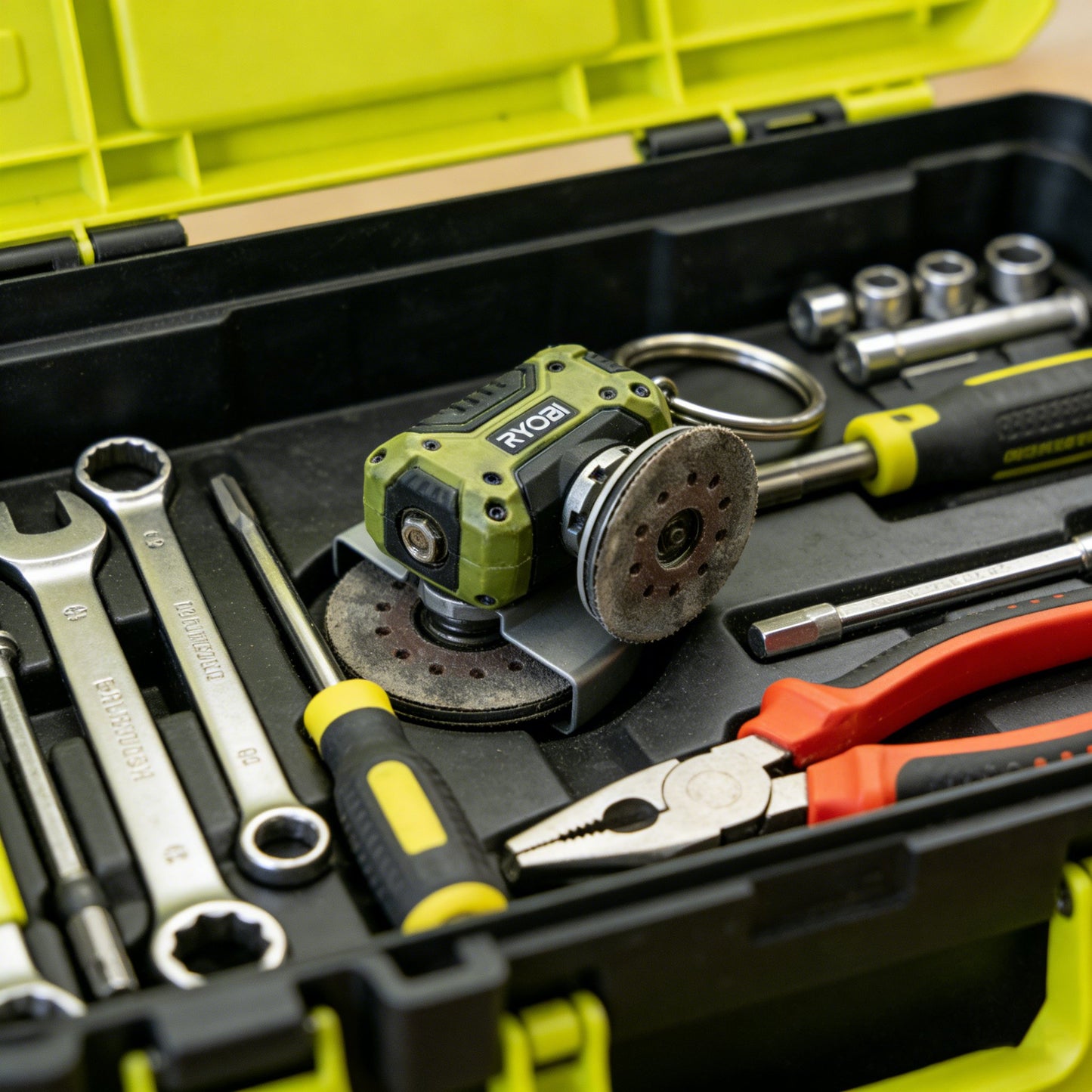 🔧 RYOBI Mini Angle Grinder Keychain – The Tough Tool Enthusiast's Accessory
